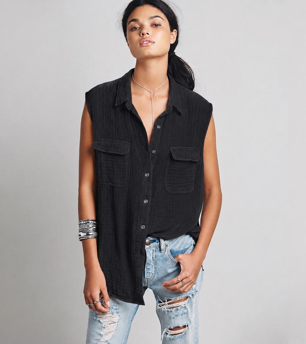 Free People Cotton Double Gauze Button Down Tunic Shirt Black Women’s XS